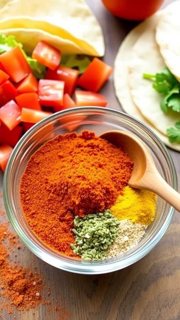 A bowl of homemade taco seasoning with fresh taco ingredients in the background.